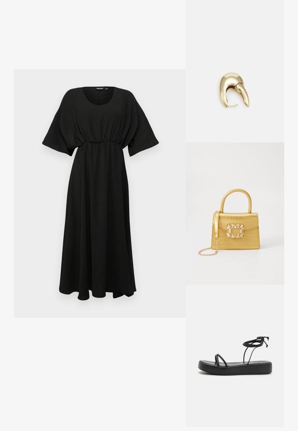 Fekete, térdielt hosszúságú ruha rövid, széles ujjal, ráncolt derékkal és könnyű anyaggal. Simaszerkezetű és egyszerű, kerek nyakkivágással rendelkezik.; Fekete lapos szandál széles talppal, vékony pántokkal és állítható fűzéssel a bokánál. Simma текстúra minimalista dizájnnal.; Sárga műbőr krokodil mintás kézitáska strukturált kialakítással, felső fogantyúval, leválasztható lánccal és díszes kristály díszítéssel a záron.; Aranyszínű fém fülbevaló, elegáns, ívelt formával. Különleges hegyes alak, fényes felszín és zsanéros záródás jellemzi.