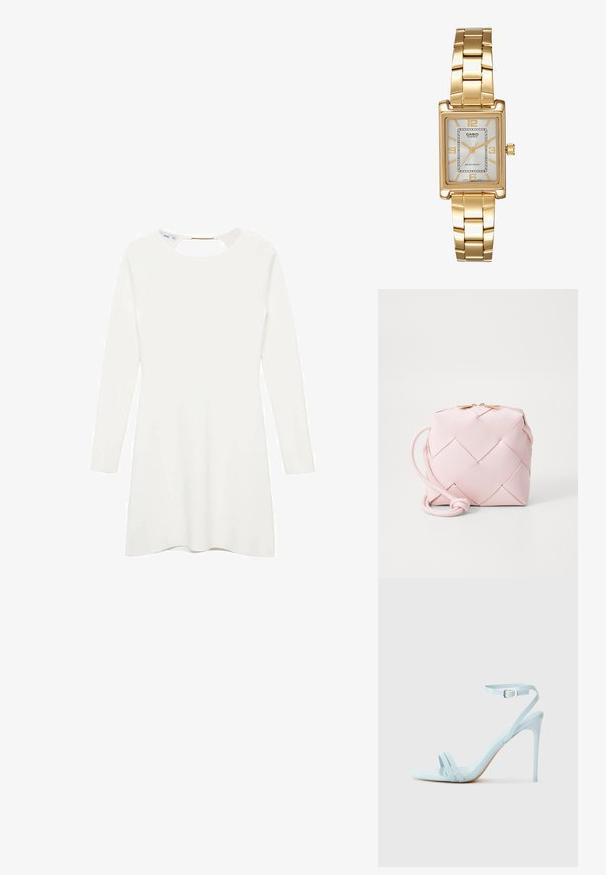 Witte lange mouw jurk met een ronde hals en een sleutelgatdetail op de achterkant, gemaakt van een gladde, gestructureerde stof en met een uitlopende zoom.; Lichtblauwe stiletto-sandaal met twee voetranden en enkelband, gemaakt van soepel patenten materiaal, met een slanke hak en een minimalistisch ontwerp.; Geweven roze synthetische handtas met een vierkante vorm, gladde textuur, verstelbare schouderband en gouden sluiting. Compact ontwerp.; Gouden rechthoekige polshorloge met een witte wijzerplaat, zilverkleurige uurmarkeringen en een duurzame metalen schakelarmband. Inclusief waterdichte functie.