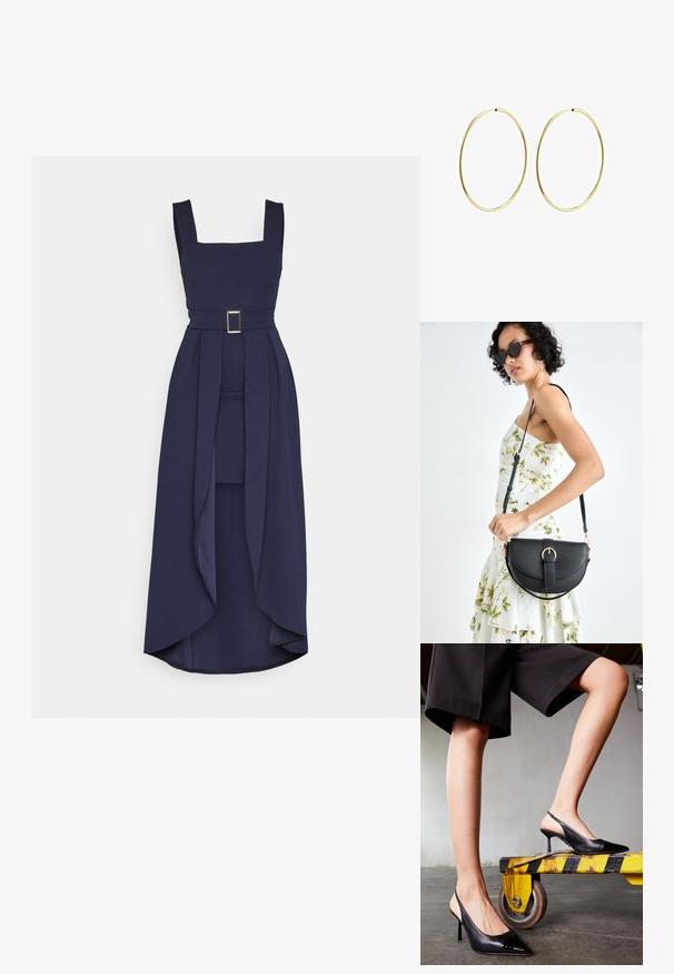 Navy blue dress with a square neckline, belted waist, and flowing skirt that drapes to a longer back. Made from a smooth, textured fabric.; Black slingback heels with a pointed toe, featuring a glossy patent cap. Stiletto heel, smooth leather design, and a minimalistic silhouette.; Black leather handbag with a curved shape, detachable strap, and gold hardware. The bag features a flap with a buckle detail.; Gold hoop earrings with a smooth, rounded design. Thin and lightweight, featuring a continuous loop without any embellishments.