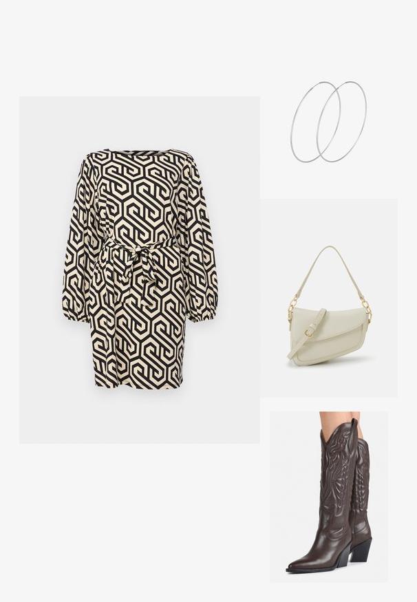 Juoda ir kreminė geometrinio rašto suknelė su ilgomis pūstomis rankovėmis, kvadrato formos iškirpte ir surišama juosta juosmeniui. Audinys su tekstūra.; Rudos odinės kaubojaus batai su smailiu priekiu ir blokuotu kulnu, pasižymintys detaliu siuvinėjimu ir iškiliais akcentais ant ašies.; Mažas kreminis rankinukas su tekstūruotu paviršiumi, ilga reguliuojama juostele, grandinėle ir užsegimu su atvartu. Aukso detalės.; Sidabrinės pusmėnulio auskarai minimalistiniu dizainu. Apskritimo forma, lygus paviršius ir plonas profilis. Lengvi su poliruotu apdailu.