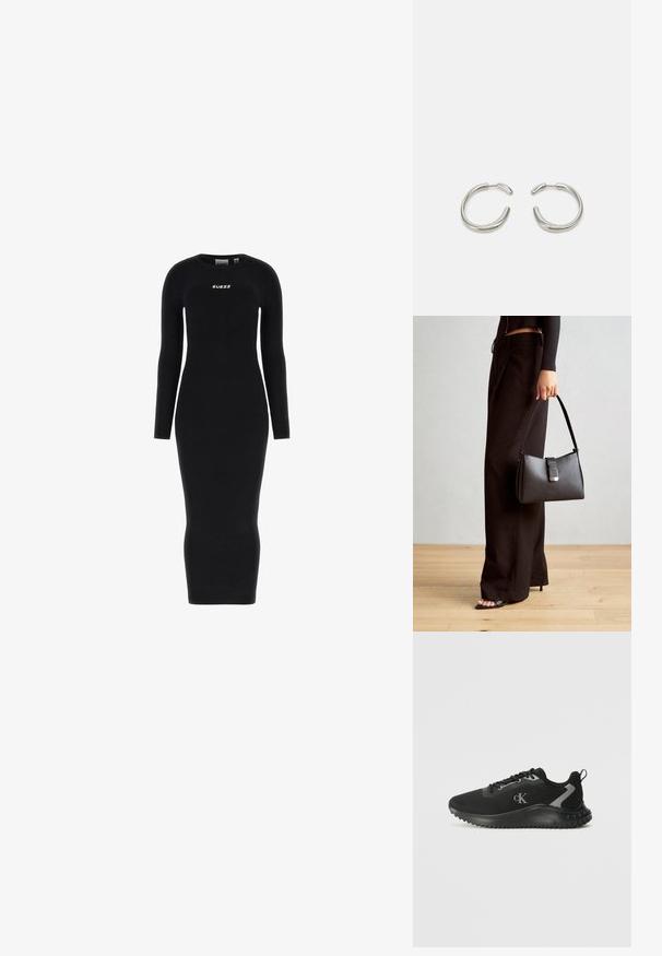 Rochie neagră din tricot cu nervuri, cu mâneci lungi și o siluetă ajustată. Prezintă un mic logo alb "GUESS" pe piept.; Adidași negri, cu talpă joasă, dintr-un material respirabil, cu șireturi, talpă texturată și logo-ul "cK" pe lateral.; Genți negre cu o formă structurată, textură netedă și un închizător metalic. Asortată cu pantaloni negri largi și sandale cu vârf deschis pe un podea din lemn.; Cercei din argint în formă de cerc, cu un design neted și rotunjit, având un finisaj lucios. Prezintă o formă minimalistică cu o ușoară deschidere.