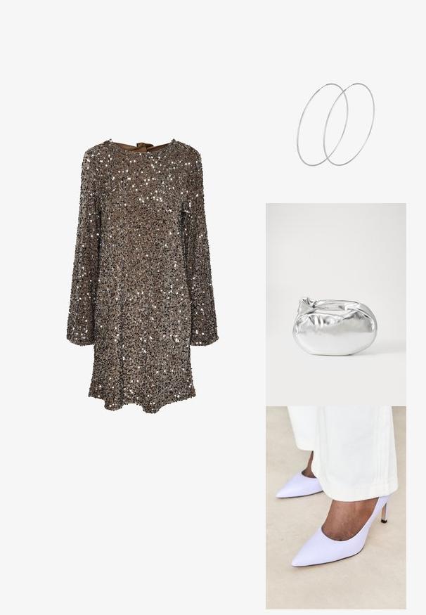 Dlhý rukáv šaty s hnedou látkou pokrytou striebornými flitrami, okrúhlym výstrihom a detailom mašle na zadnej strane. Reflexný a štruktúrovaný povrch.; BOSS JANET - Obuv na vysokom opätku - medium purple; Strieborná metalická taška s mäkkým, zaobleným tvarom a uzáverom s uzlíkom. Vyrobená z hladkej syntetickej kože.; Strieborné kruhové náušnice s minimalistickým dizajnom. Cirkulárny tvar, hladký povrch a tenký profil. Ľahké s lesklým povrchom.