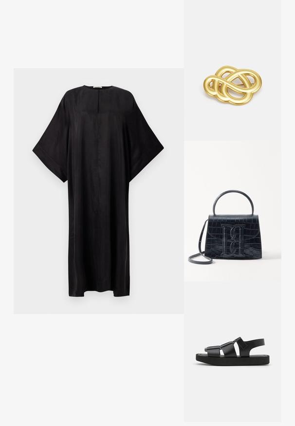 Melna maksi kleita ar brīvu piegulumu, platām piedurknēm, apaļu kakla izgriezumu un nelielu priekšējo šķēlumu. Izgatavota no gluda, viegla auduma.; Melnas sandales ar platu zoli, platām siksnām un regulējamu aizmugurējo siksnu, izgatavotas no gludas sintētiskas materiāla ar minimālisma dizainu.; Melnas krokodila rakstā izgatavota ādas rokassoma ar strukturētu dizainu, augšējo rokturi, regulējamu siksnu un izteiktu priekšējo logotipa detaļu.; Zelta toņa broša ar mezglota dizaina, gludām, izliekamām līnijām un sarežģītu formu, kas atspoguļo pulētu apdari.