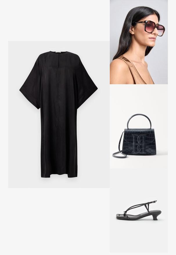 Juoda maksi suknelė su laisvu siluetu, plačiomis rankovėmis, apvalia iškirpte ir maža priekinė skeltu. Pagaminta iš sklandaus, lengvo audinio.; Juodas odinis šlepetės su plonomis dirželiu, mažu blokuoju kulnu ir kvadratiniu pirštu. Yra sagties uždarymas ir lygus paviršius.; Dideli kvadratiniai akiniai nuo saulės su rudais vėžlio kiauto rėmeliais ir gradientiniais rožiniais objektyvais. Rėmelis turi auksinę logotipo detalę ant šventyklių.; Juodas krokodilo rašto odinis rankinės krepšys su struktūruotu dizainu, viršutine rankena, reguliuojamu dirželiu ir išsiskiriančiu priekinio logo detale.; Aukso spalvos metalinė apyrankė su lygiu, suapvalintu dizainu. Abi galuose yra dvi angos, kad būtų lengva užsidėti. Aukštos blizgesio apdaila.