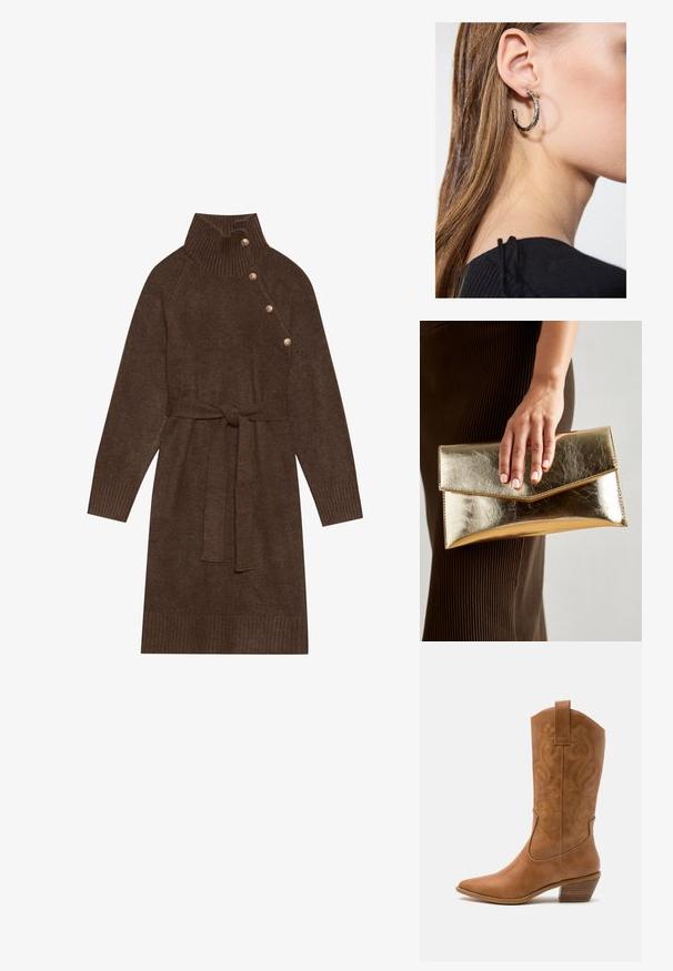 Robe-pull en tricot marron avec un col côtelé haut, des boutons sur le côté et une ceinture en tissu assortie. Les poignets et l'ourlet côtelés ajoutent de la texture.; Bottes de cow-boy en cuir tan avec un bout pointu, des motifs en spirale brodés sur la tige, et un talon bloc empilé. Équipées d'une languette pour un enfilage facile.; Pochette en métal doré avec une texture lisse, dotée d'un rabat en forme de triangle. La main qui la tient a des ongles soigneusement manucurés.; Boucle d'oreille en argent avec une finition polie, présentant de petits détails en or et de forme ronde, portée sur le lobe.
