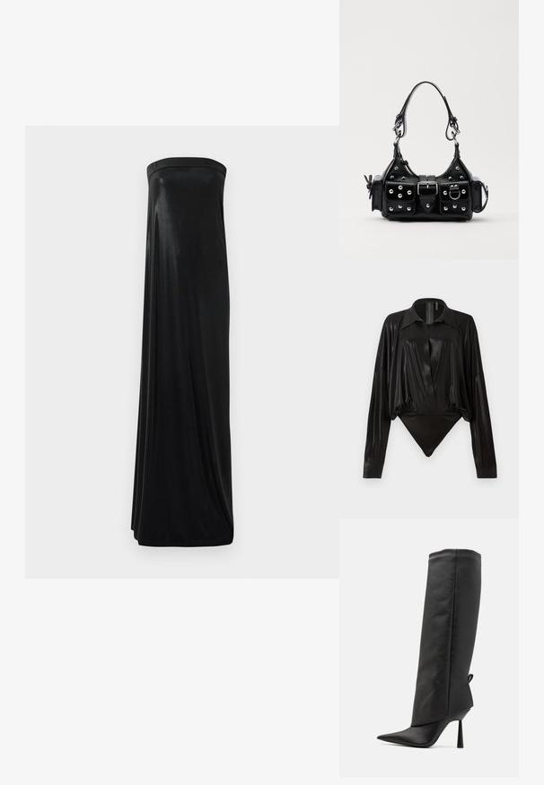 Rochie maxi neagră, fără bretele, realizată dintr-un material neted și lucios. Prezintă un corset ajustat și o siluetă fluidă, atingând podeaua fără împodobiri.; Body negru cu mâneci lungi, decolteu în V și o siluetă ajustată. Fabricat dintr-un material lucios și neted, cu guler structurat și manșete.; Cizme negre din piele cu toc înalt, cu vârf ascuțit, cu un shaft înalt și un finisaj elegant. Prezintă un detaliu mic sub formă de buclă în partea din spate.; Geantă de piele neagră cu un design curbat, dotată cu studuri argintii, o cataramă și două buzunare laterale. Curea ajustabilă pentru opțiuni de transport.