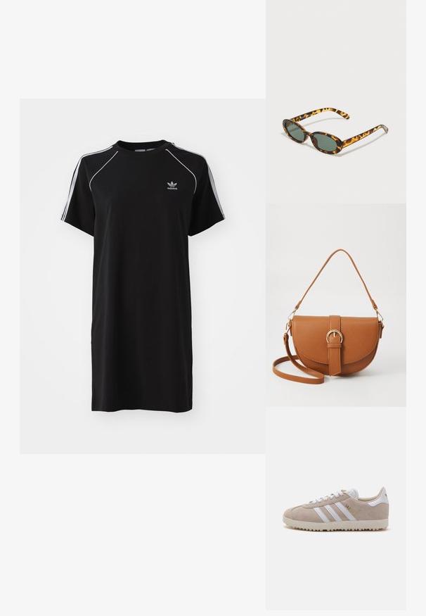 Vestido preto de manga curta feito de tecido macio, com riscas brancas laterais, decote redondo e um pequeno logotipo no peito.; Sapatilhas de camurça bege com detalhes em couro branco, apresentando três listas brancas, texto em dourado "Gazelle" e uma sola de borracha texturizada.; Óculos de sol de tartaruga com armações ovais, lentes verde-escuras e hastes delgadas. Apresenta um logótipo subtil na haste.; Bolsa transversal de couro castanho com um formato curvado, ferragens douradas e um detalhe de fivela. Inclui uma alça de ombro destacável.