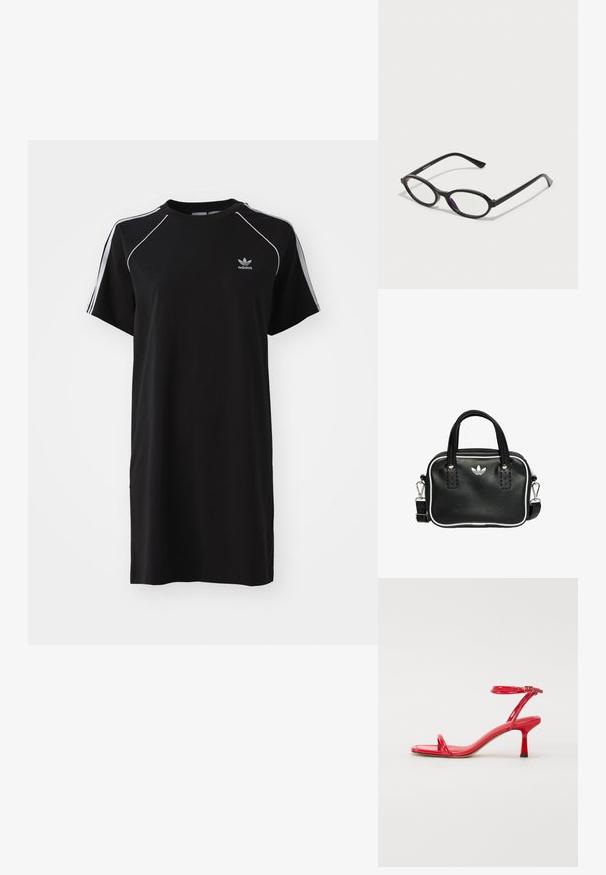 Black short-sleeve dress made of soft fabric, featuring white side stripes, a round neckline, and a small logo on the chest.; Red patent leather high-heeled sandals with two slim straps across the toes and a buckled ankle strap; square toe design, 5 cm heel.; Black oval-frame glasses with translucent purple accents on the lenses. Frames have a matte finish and slender, straight temples.; Black leather handbag with two short handles, silver hardware, white accents, and a white logo. Features a textured surface and compact design.