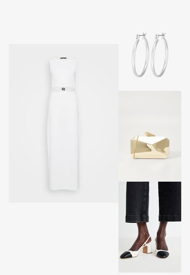 Biała, bezrękawna sukienka maxi z centralnym wycięciem ozdobionym metalicznym paskiem. Gładka tekstura, prosty krój.; Białe i czarne buty na obcasie typu slingback z ostrym noskiem, wykonane z gładkiej skóry, z kontrastowymi detalami na czubku.; Złota metaliczna torebka kopertowa o geometrycznym wzorze, gładkiej fakturze, zamknięciu na zamek i zapięciu na górze. Torebka jest prostokątna z kanciastymi brzegami.; Srebrne kolczyki w formie kółek o gładkim, polerowanym wykończeniu. O okrągłym kształcie i pewnym zapięciu na klik. Lekka konstrukcja odpowiednia do codziennego noszenia.