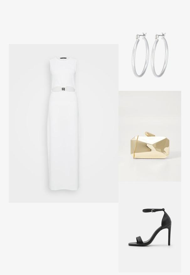 Balta be rankovių maksi suknelė su centriniu išpjovimu, papuošta metaliniu dirželiu. Lygus paviršius, tiesi siluetas.; Juodas aukšto kulno sandalai su elegantišku dizainu, turintys kulkšnies dirželį, atvirą pirštą ir lygaus odos paviršiaus tekstūrą.; Aukso metalinis rankinės gaubtas su geometriniu dizainu, lygia tekstūra, užtrauktuku ir užtrauktuko užsegimu viršuje. Rankinė yra stačiakampio formos su kampuotais kraštais.; Sidabriniai auskarai su sklandžiu, poliruotu paviršiumi. Apvalios formos ir saugus uždarymo mechanizmas. Lengvas dizainas, tinkantis kasdieniam dėvėjimui.