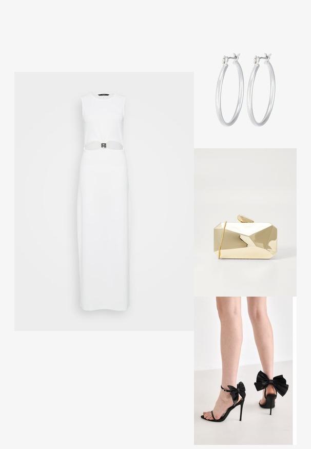 Balta be rankovių maksi suknelė su centriniu išpjovimu, papuošta metaliniu dirželiu. Lygus paviršius, tiesi siluetas.; Simmi London ELYNA - Sandalai - black; Aukso metalinis rankinės gaubtas su geometriniu dizainu, lygia tekstūra, užtrauktuku ir užtrauktuko užsegimu viršuje. Rankinė yra stačiakampio formos su kampuotais kraštais.; Sidabriniai auskarai su sklandžiu, poliruotu paviršiumi. Apvalios formos ir saugus uždarymo mechanizmas. Lengvas dizainas, tinkantis kasdieniam dėvėjimui.