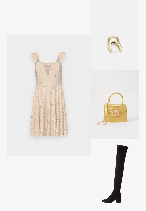 Bežinė suknelė su V formos iškirpte, nertomis petnešėlėmis ir akytuoju raštu. Prigludęs liemuo, pereinantis į plačią sijoną. Pagaminta iš lengvos medžiagos.; Ilgai iki kelių juodos zomšinės botai su blokuotu kulnu, turintys lygaus paviršiaus tekstūrą ir prigludusį dizainą, išsikišusį virš kelio.; Geltonas dirbtinės krokodilo odos rankinukas su standžiu dizainu, viršutine rankena, nuimamu grandininiu dirželiu ir dekoratyviniu krištolo papuošimu ant užsegimo.; Aukso tono metalinės auskarai su stilingu, kreiviu dizainu. Išsiskiria ryškiu smailiu pavidalu, poliruota paviršiumi ir užsegimu su vyriu.