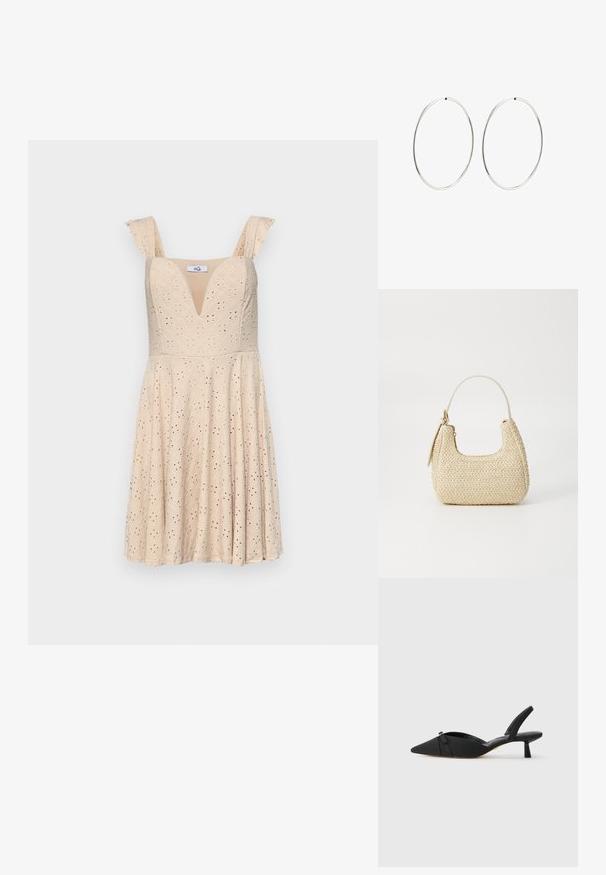 Béžové šaty s výstrihom do V, rukávmi s volánikmi a vzorom s dierkovaním. Priliehavý korzet vedúci k rozšírenej sukni. Vyrobené z ľahkého materiálu.; Čierne lodičky na podpätku so špicatou špičkou, textilným zvrškom, mašľou na priehlavku a nízkym valcovým podpätkom.; Tkaná slamenná kabelka v béžovej farbe s oblým tvarom, krátkym uškom a bočným zipsom. Má textúrovaný povrch a minimalistický dizajn.; Strieborné kruhové náušnice s hladkým, okrúhlym dizajnom a lesklým povrchom. Sú tenké a ľahké, s jednoduchým uzáverom.