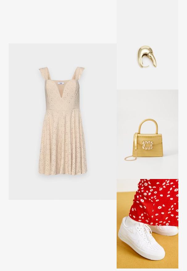 Beež kleit V-kaelusega, volangiste rihmadega ja silmade mustriga. Kehasse sobiv ülaosa, mis viib laiendatud seeliku poole. Valmistatud kergest kangast.; Valged nahast tennisekombinad, millel on lillede reljeefsed aktsendid, ümar varvas ja tekstureeritud kummitald. Kombineeritud punaste pükstega, millel on valge lillemuster.; Kollane faux-krokodilli käsipindaga kott, millel on struktureeritud disain, ülemine käepide, eemaldatav kettmass ja dekoratiivne kristallkaunistus klambril.; Kuldtooni metallist kõrvarõngas, millel on elegantne ja kaarjas disain. Omab silmapaistvat teravat kuju, poleeritud pinda ja hingesulgemist.