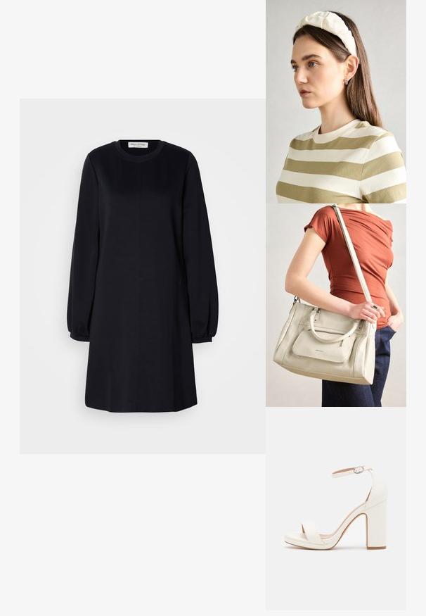 Svart langermet kjole med rund hals, løs passform og samlet mansjett. Glatt stoff med et enkelt, minimalistisk design.; Hvit høyhælte sandal med ankelstropp, minimalistisk design, åpen tå, blokkheel og glatt skinntekstur.; Hvit skinnveske med doble håndtak og avtagbar stroppe, med en frontlomme med glidelås og glatt tekstur. Bært på en persons arm.; Kremfarget polstret hodebånd med tvunnet design, kombinert med en beige og hvit stripete skjorte med rund halsutskjæring. Subtile smykker som aksenter.