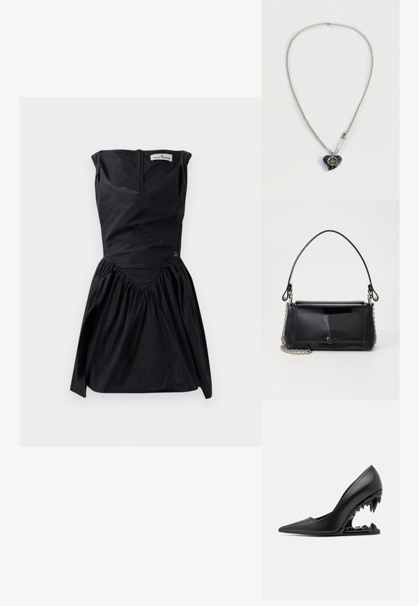 Black sleeveless dress with a structured bodice, gathered skirt, and V-shaped seam detail. Features a back zipper and subtle logo accent.; GCDS MORSO - High heels - nero; Black patent leather handbag with a rectangular shape, chain strap, and a distinctive hardware accent in the center. Smooth texture.; Silver chain necklace with a heart-shaped black pendant featuring gold detailing and a shiny safety pin attached near the pendant.