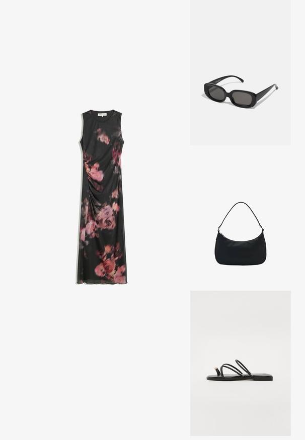 Sleeveless black maxi dress with pink and purple floral print and subtle side ruching detail.; Call it Spring LUNAROSE - T-bar sandals - black; Black rectangular sunglasses with dark lenses. Thick plastic frame, smooth texture, and rounded edges. Stylish temples extend outward.; Mango Handbag - black