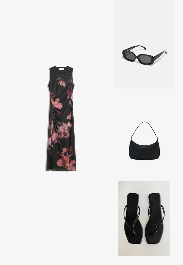 Čierna maxi šaty bez rukávov s ružovým a fialovým kvetinovým vzorom a jemným detailom na boku so zberaním.; Čierne ploché sandále s tenkými popruhmi, obdĺžnikovou podrážkou a hladkým povrchom. Obsahujú uzlové akcenty na popruhoch a jemné značkovanie.; Čierne obdĺžnikové slnečné okuliare s tmavými sklami. Hrubý plastový rám, hladký povrch a zaoblené hrany. Štýlové patky sa rozširujú von.; Mango Kabelka - black
