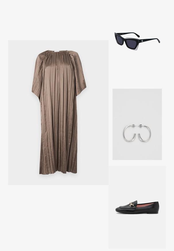 Pruun plisseeritud kleit, mis on valmistatud siledast kangast, ümmarguse kaelusega ja laia varrukaga, sisaldab vertikaalseid voldi detaile kogu ulatuses.; Must musta nahk loafer, millel on stiilne disain, ümar varvas ja ette paigutatud kuldne detail. Sile tekstuur ja madal lame tall.; Mustad suured mustad prillid geomeetrilise kujuga, tumedate läätsedega ja kontrastse halli detailiga raamidel. Logo käe peal.; Hõbedased rõngaskõrvarõngad, millel on sile ja läikiv pind. Ümar kuju, kerge disain, millel on post-tagumise kinnituse süsteem.