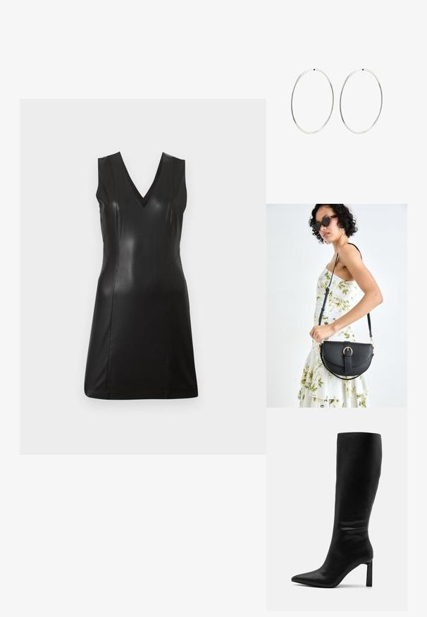 Crna bezrukavna haljina od sintetičke kože s V-izrezom i prilagođenim šavovima, do koljena, na jednostavnoj svijetloj pozadini.; Even&Odd Čizme - black; Crna kožna torba s lukovitim oblikom, odvojivim remenom i zlatnim detaljima. Torba ima preklop s kopčom.; Srebrne naušnice od obruča s glatkim, okruglim dizajnom i poliranim završetkom. Tanak su i lagani, s jednostavnim zatvaranjem.