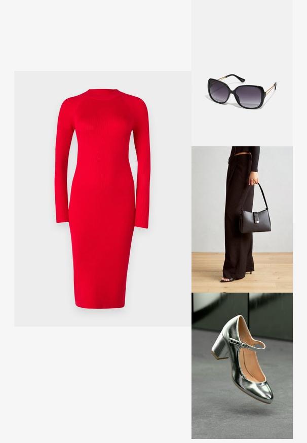 Červené žebrované šaty s dlhým rukávom a stojatým golierom, priliehavého strihu a midi dĺžky; obsahujú textúru a jemný elastický efekt.; Metalické strieborné lodičky Mary Jane s okrúhlou špičkou, členkovým pásikom a blokovým podpätkom, so jemnou textúrou a svetlohnedým interiérom.; Čierne oversized slnečné okuliare s gradientovými sklíčkami, hrubými rámami a zlatým retiazkovým detailom na stranách.; Čierna kabelka so štruktúrovaným tvarom, hladkou textúrou a kovovou sponou. V kombinácii so širokými čiernymi nohavicami a sandálmi s otvorenou špičkou na drevenej podlahe.