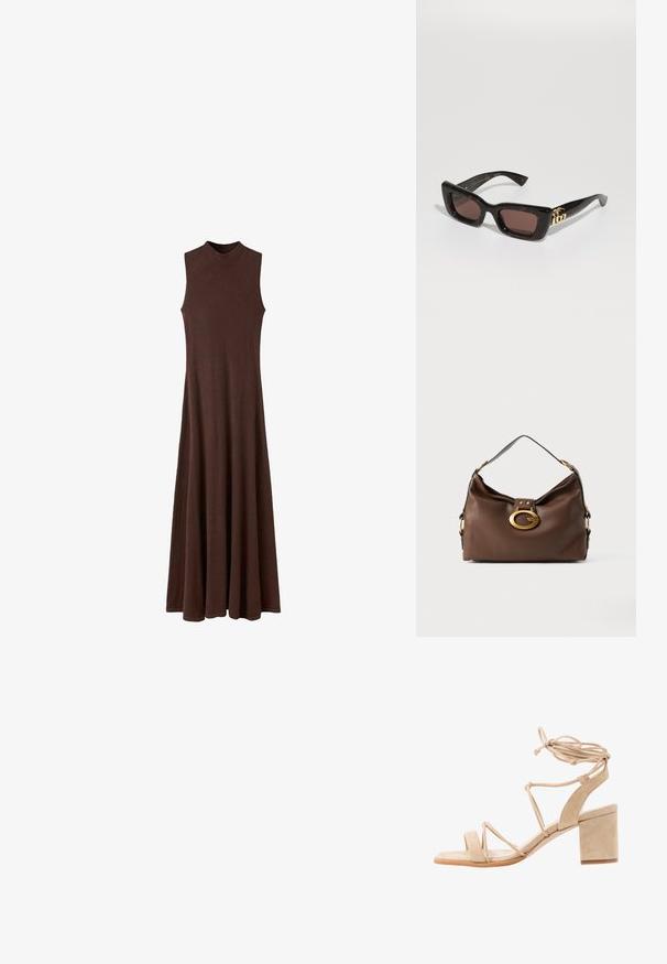 Hnědé maxi šaty bez rukávů s vysokým výstřihem, vyrobené z měkké, elastické látky, s uvolněným, volným střihem.; Béžové semišové sandály na vysokém podpatku s blokovým podpatkem, otevřenou špičkou a křížovými pásky, které obepínají kotník. Hladká textura, minimalistický design.; Černé želvovinové sluneční brýle s obdélníkovými skly, hnědým tónem, silným rámem a zlatým detailem dvojitého G loga na spánku.; Hnědá kožená kabelka s texturovaným povrchem, která má zlatý kovový klip a jeden zakřivený ramenní popruh.