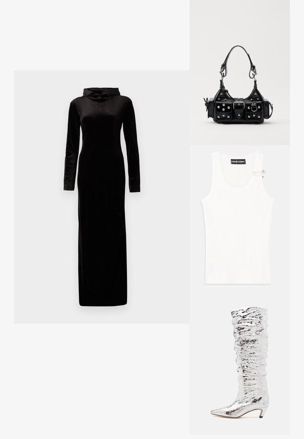 Abito lungo in velluto nero con maniche lunghe, silhouette aderente e scollatura alta. Texture liscia, lunghezza a terra, design minimale senza decorazioni.; Top in cotone bianco a costine con scollatura rotonda e dettaglio in metallo sulla spalla. Texture morbida, design aderente e senza maniche.; Stivale argento al ginocchio con texture increspata, punta affilata e tacco basso. Realizzato in materiale lucido con una superficie riflettente.; Borsa a mano in pelle nera con design curvo, caratterizzata da borchie argentate, una fibbia e due tasche laterali. Tracolla regolabile per diverse opzioni di trasporto.