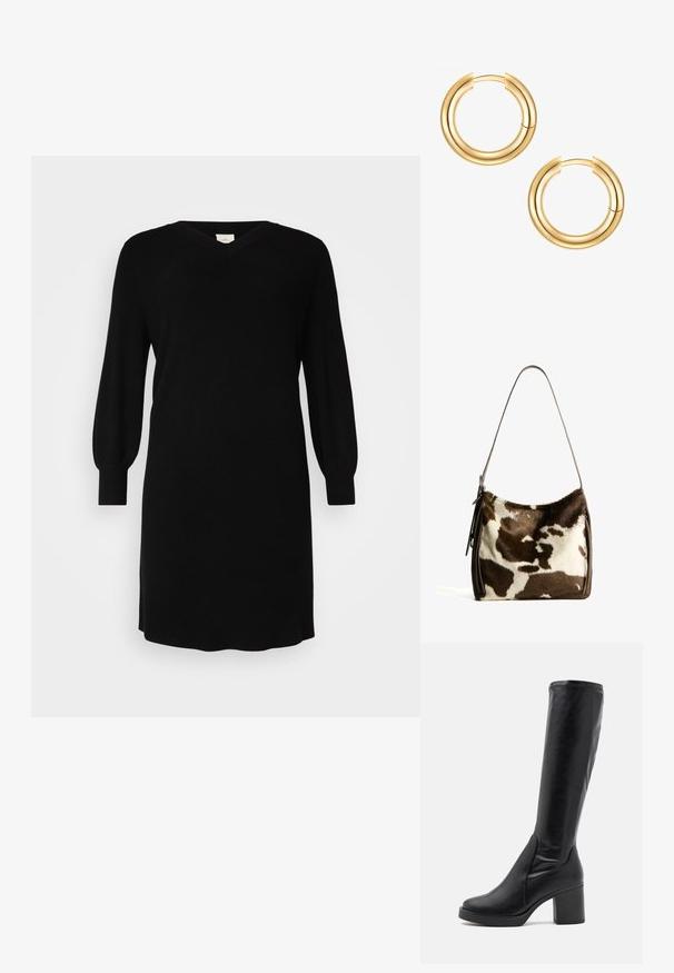Fekete kötött ruha V-nyakkal, hosszú ballon ujjakkal és bordás mandzsettákkal. Egyszerű kivitel, egyenes szabású, térd alá érő szoknyával.; Fekete, térd fölé érő csizmák sima bőrből, vastag sarokkal és lekerekített orral. Zökkenőmentes kialakítás jellemzi, finom varrási részletekkel.; Barna és krémszínű tehénbőr válltáska sima bőrszíjjal, cipzáras záródással és puha, texturált felülettel, amely természetes mintázattal rendelkezik.; Arany karika fülbevalók, amelyek dupla rétegű dizájnnal rendelkeznek. Simább, fényes felület, zökkenőmentes zárási mechanizmussal. Kerek forma modern megjelenéssel.