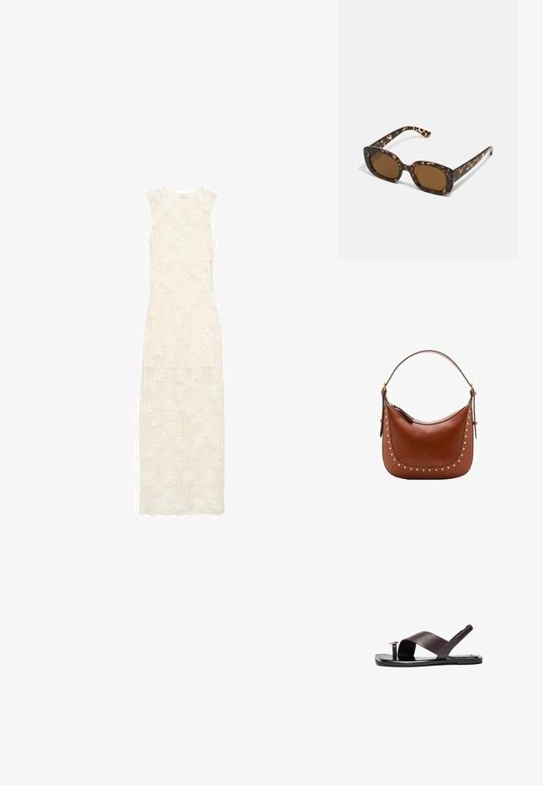 Dlhé, krémovo biele šaty s rebrovanou textúrou a kvetinovým čipkovým vzorom. Bezramenný dizajn, dlhé až po zem, prispôsobený strih a okrúhly výstrih.; Hnedé kožené sandále s prekrývajúcim sa remienkom, plochou podrážkou a malým okrúhlym detailom z kovu. Hladký povrch, minimalistický štýl.; Slnečné okuliare v tortoiseshell štýle s okrúhlym, robustným rámom a hnedými šošovkami. Má jemné vzory a rovné, zoštíhlené ramená.; Hnedá kožená kabelka s oblým tvarom, ozdobená zlatými nitmi pozdĺž švu a tenkým ramenným popruhom. Zipsové uzatvorenie na vrchu.