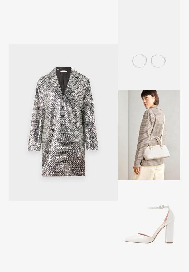 Blazer de lentejuelas plateadas con solapa, mangas largas y forro interior negro. Superficie texturizada con un patrón brillante en todo su diseño.; Zapato de tacón alto de charol blanco con un lado abierto, punta afilada, tira en el tobillo con hebilla y un tacón ancho.; Bolso estructurado blanco con asas cortas y una correa para el hombro, que presenta detalles en dorado y material texturizado, exhibido sobre un fondo gris.; Pendientes aros de plata con un diseño redondo y elegante, que presentan una superficie lisa y sin adornos visibles. Diámetro no especificado.