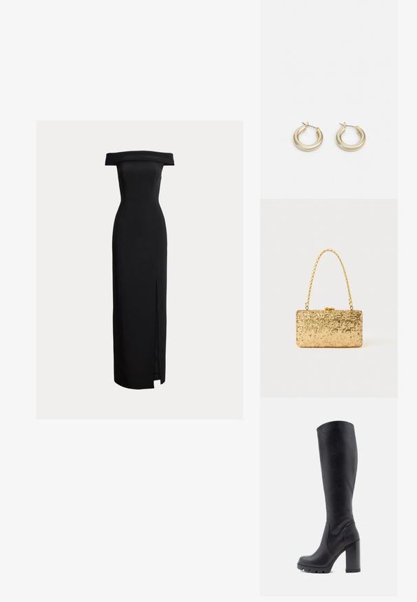 Fekete, váll nélküli midi ruha, testhezálló silhuettával, oldalsó hasítékkal, sima textúrával, minimalista dizájnnal, látható záródások nélkül.; Fekete, térdig érő csizma, sima bőrből készült, vastag sarkú, kerek orrú, tapadóval ellátott, textúrált talppal, letisztult dizájn, díszítések nélkül.; Arany flitteres clutch táska, téglalap alakú, csavart lánckarabinerekkel és fém záródással, mely fényt tükröz a textúrált felületének köszönhetően.; Lauren Ralph Lauren BASIC SMALL HOOP - Fülbevalók - gold-coloured