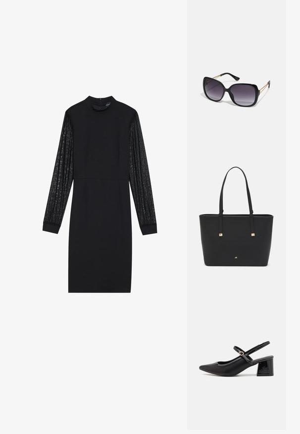 Černé šaty s těsným korzetem a dlouhými průhlednými texturovanými rukávy. Mají vysoký výstřih a jednoduchou, štíhlou siluetu.; Černé lakované lodičky s otevřenou patou, špičatou špičkou, zaobleným střihem a blokovým podpatkem. Zdobené akcentem v zlatém tónu.; Černé oversized sluneční brýle se gradientními skly, silnými rámy a zlatými řetízkovými detaily na nožičkách.; Černá taška přes rameno vyrobená z umělého materiálu, s jednoduchým obdélníkovým designem, zlatými čtvercovými akcenty a dvojitými uchy.