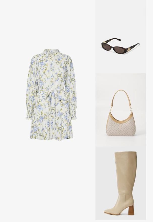 Blomsterkjole i hvid med blå og grønne blomster, med krave, knaplukning foran, lange ærmer med elastiske manchetter og et bånd i taljen.; Beige læder støvle i knæhøjde med spids tå, tekstureret blokhæl og glat overflade. Sømdetalje ved anklen og den øverste kant.; Skildpaddemønster solbriller med aflange ovale linser, brun farve, guldlogo accenter på stængerne og slanke sorte arme.; Beige mønsteret taske med en buet form, læderdetaljer og et guldtonet logo på fronten. Har et kort håndtag for nem bæring.; Perle- og krystalhalskæde med et rundt, perlekantet design i lyse nuancer, der præsenterer skiftevis perler og glitrende detaljer, båret om halsen.