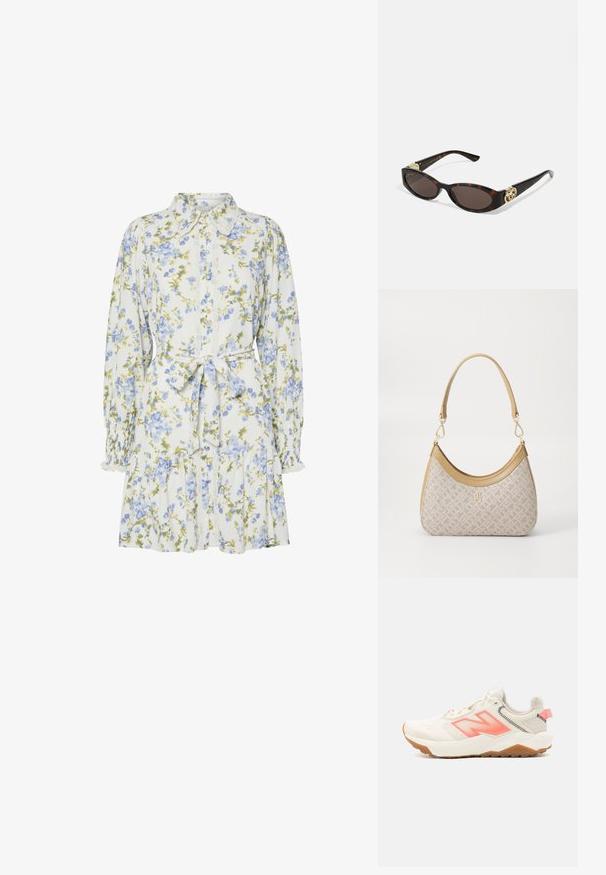 Kwiatowa sukienka w bieli z niebieskimi i zielonymi kwiatami, z kołnierzykiem, zapinana na guziki z przodu, z długimi rękawami z elastycznymi mankietami i paskiem w talii.; Beżowe buty sportowe z teksturowanym wierzchem, różowymi akcentami i jasną gumową podeszwą. Posiadają wyraźne logo 'N' oraz amortyzowaną, lekką konstrukcję.; Słoneczne okulary w kolorze żółwi z wydłużonymi owalnymi soczewkami, brązowym odcieniem, złotymi akcentami logo na zausznikach oraz smukłymi czarnymi ramionami.; Beżowa torebka w wzory o zakrzywionym kształcie, z skórzanymi akcentami i złotym logo z przodu. Posiada krótki uchwyt, co ułatwia noszenie.; Naszyjnik z pereł i kryształów o okrągłym, koralikowym wzorze w jasnych odcieniach, z naprzemiennie umieszczonymi perłami i błyszczącymi akcentami, noszony na szyi.