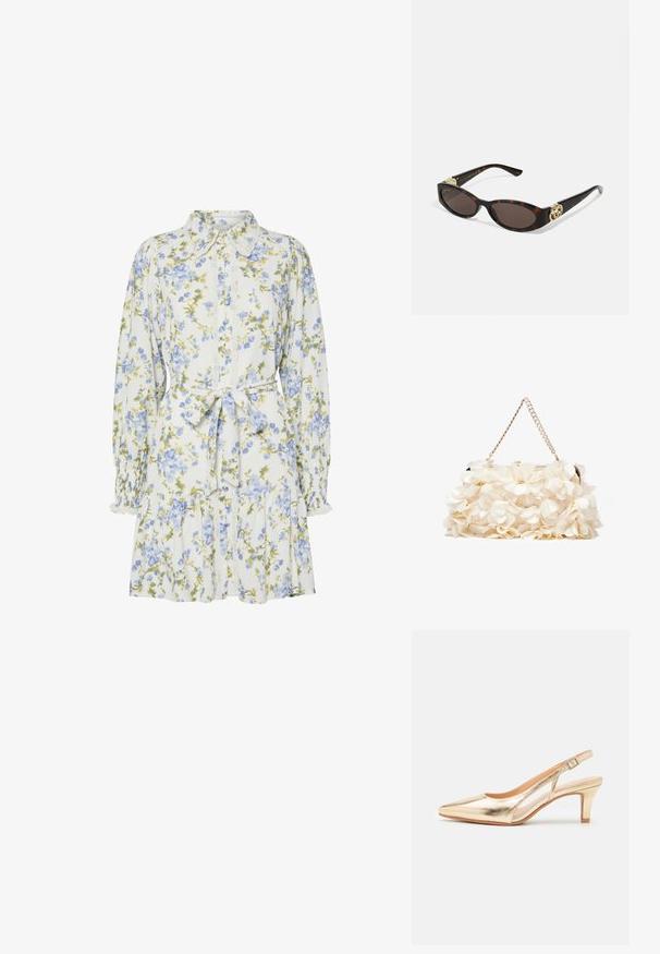 Blumenkleid in Weiß mit blauen und grünen Blumen, mit einem Kragen, durchgehender Knopfleiste, langen Ärmeln mit elastischen Bündchen und einem Taillengürtel.; Goldfarbene metallic Slingback-Schuhe mit spitzer Zehenpartie, leichtem Absatz und verstellbarem Riemen. Glatte Textur, elegantes Design und offene Seiten.; Schildpatt-Sonnenbrille mit länglich-ovalen Gläsern, braunem Farbton, goldenen Logo-Akzenten an den Bügeln und schlanken schwarzen Bügeln.; Weißes Blumenhandtasche mit einer gerafften Stoffoberfläche, goldfarbener Kettenriemen und metallischem Verschluss. Mit strukturierten Blütenblättern für zusätzliche Details.; Das goldene Armreifarmband zeichnet sich durch ein glattes, elegantes Design aus, das fünf klare Strasssteine gleichmäßig entlang des Bandes anordnet. Mit eingraviertem Logo.