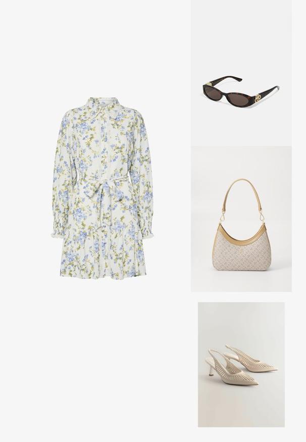 Kwiatowa sukienka w bieli z niebieskimi i zielonymi kwiatami, z kołnierzykiem, zapinana na guziki z przodu, z długimi rękawami z elastycznymi mankietami i paskiem w talii.; Beżowe pantofle na obcasie z odkrytymi piętami, z zaostrzonym przodem, z wyciętymi paskami, plecionym wykończeniem i małym blokowym obcasem. Gładka powierzchnia.; Słoneczne okulary w kolorze żółwi z wydłużonymi owalnymi soczewkami, brązowym odcieniem, złotymi akcentami logo na zausznikach oraz smukłymi czarnymi ramionami.; Beżowa torebka w wzory o zakrzywionym kształcie, z skórzanymi akcentami i złotym logo z przodu. Posiada krótki uchwyt, co ułatwia noszenie.; Naszyjnik z pereł i kryształów o okrągłym, koralikowym wzorze w jasnych odcieniach, z naprzemiennie umieszczonymi perłami i błyszczącymi akcentami, noszony na szyi.