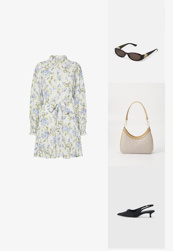 Kwiatowa sukienka w bieli z niebieskimi i zielonymi kwiatami, z kołnierzykiem, zapinana na guziki z przodu, z długimi rękawami z elastycznymi mankietami i paskiem w talii.; Czarne czółenka na obcasie z odkrytą piętą, o spiczastym nosku, z teksturowanej tkaniny, z małym detalem w postaci kokardki z przodu oraz skromnym obcasem typu kitten.; Słoneczne okulary w kolorze żółwi z wydłużonymi owalnymi soczewkami, brązowym odcieniem, złotymi akcentami logo na zausznikach oraz smukłymi czarnymi ramionami.; Beżowa torebka w wzory o zakrzywionym kształcie, z skórzanymi akcentami i złotym logo z przodu. Posiada krótki uchwyt, co ułatwia noszenie.; Naszyjnik z pereł i kryształów o okrągłym, koralikowym wzorze w jasnych odcieniach, z naprzemiennie umieszczonymi perłami i błyszczącymi akcentami, noszony na szyi.