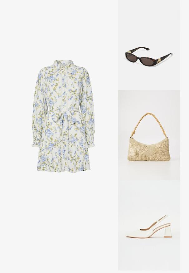 Vestido floral en blanco con flores azules y verdes, con cuello, cierre frontal de botones, mangas largas con puños elásticos y cinturón a la cintura.; Zapato de tacón blanco de charol con punta afilada y un tacón en bloque geométrico. El interior cuenta con una plantilla beige y cortes laterales mínimos.; Gafas de sol carey con lentes ovalados alargados, tintado marrón, acentos de logo dorado en las patillas y brazos negros elegantes.; Bolso de mano con asas trenzadas, hecho de material tejido beige, con adornos florales de acabado texturizado y una silueta curvada.; Collar de perlas y cristales con un diseño redondo y abalorado en tonos suaves, que presenta perlas alternadas y acentos brillantes, llevado alrededor del cuello.