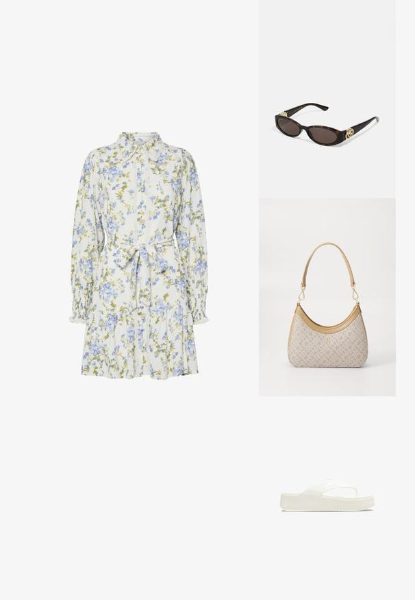 Kwiatowa sukienka w bieli z niebieskimi i zielonymi kwiatami, z kołnierzykiem, zapinana na guziki z przodu, z długimi rękawami z elastycznymi mankietami i paskiem w talii.; Białe platformowe klapki z gładkiej plastikowej cholewki, podzielonym paskiem i teksturowaną podeszwą dla lepszej przyczepności. Wytłoczone logo po boku.; Słoneczne okulary w kolorze żółwi z wydłużonymi owalnymi soczewkami, brązowym odcieniem, złotymi akcentami logo na zausznikach oraz smukłymi czarnymi ramionami.; Beżowa torebka w wzory o zakrzywionym kształcie, z skórzanymi akcentami i złotym logo z przodu. Posiada krótki uchwyt, co ułatwia noszenie.; Naszyjnik z pereł i kryształów o okrągłym, koralikowym wzorze w jasnych odcieniach, z naprzemiennie umieszczonymi perłami i błyszczącymi akcentami, noszony na szyi.