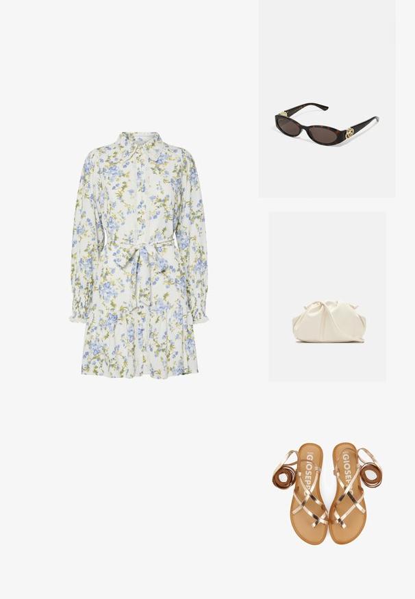 Blumenkleid in Weiß mit blauen und grünen Blumen, mit einem Kragen, durchgehender Knopfleiste, langen Ärmeln mit elastischen Bündchen und einem Taillengürtel.; Flache Sandalen mit Riemchen aus metallisch rose-goldenen Riemen, beigem Fußbett und einem minimalistischen Design. Sie verfügen über gerollte Riemen auf jeder Seite.; Schildpatt-Sonnenbrille mit länglich-ovalen Gläsern, braunem Farbton, goldenen Logo-Akzenten an den Bügeln und schlanken schwarzen Bügeln.; Cremfarbener, weicher Kunstlederbeutel mit gerafftem Design, verstellbarem Schultergurt und subtiler Kordelzug-Verschluss. Glatte Textur und runde Form.