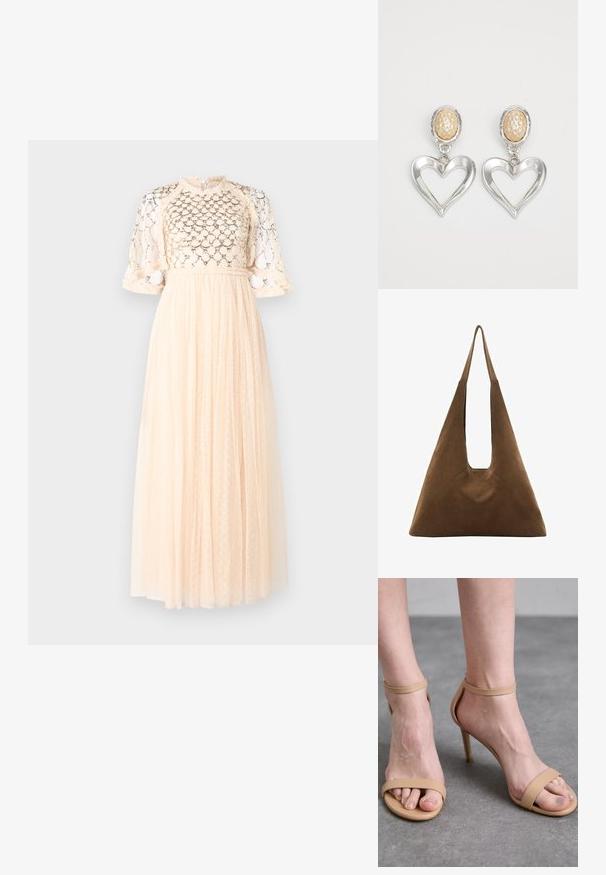 Maxi kjole i lyse fersken med en tekstureret hætte i blonder, korte puffærmer og en strømmende nederdel med små prikkede mønstre.; Stuart Weitzman Sandaler - beige; Bølgebrun suede tote taske med et trekantet design, forlængede skulderstropper og en stor åben top med et udskåret håndtag.; Sølv hjerteformede øreringe med en blank finish. Hver ørering har en tekstureret beige oval stud. Elegant og let design.