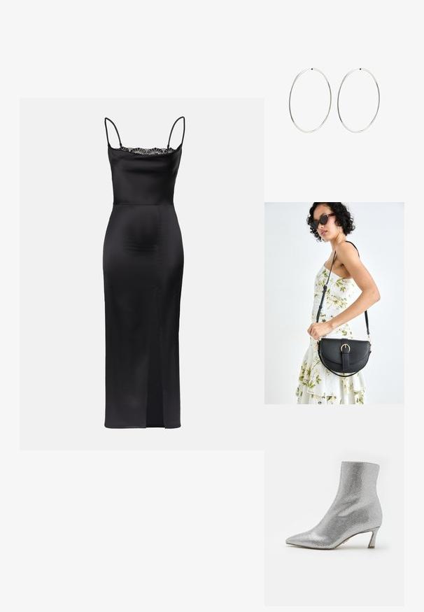 Juodas satino suknelė su špagetėmis, nėrinių apdaila iškirptėje, figūrą glostanti siluetas ir šoninė išpjova, užtikrinanti judėjimo patogumą.; Sidabriniai kulkšniniai batai su tekstūruotu, tinkleliu primenančiu paviršiumi, smailiu nosiu ir žemu, struktūruotu kulnu. Iš vidaus jie turi lygų pamušalą.; Juodas odinis krepšys su išlenkta forma, nuimamu dirželiu ir auksiniais detalėmis. Krepšys turi kilpą su sagtimi.; Sidabriniai auskarai-žiedai su lygiu, apvaliu dizainu ir blizgiu paviršiumi. Jie yra ploni ir lengvi, turintys paprastą užsegimą.