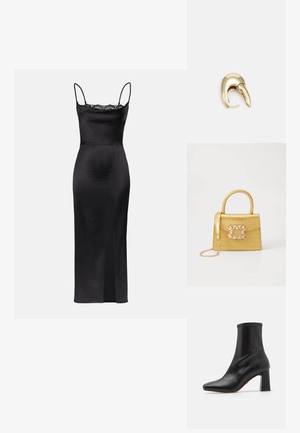 Czarna satynowa sukienka na ramiączkach, koronkowe wykończenie dekoltu, dopasowana sylwetka oraz wysoki rozcięcie na boku dla wygody ruchów.; Czarne skórzane botki do kostki o gładkim wykończeniu, ostro zakończone, z blokowym obcasem. Posiadają wysokie cholewki oraz tonalne przeszycia na górze.; Żółta torebka z faux-krokodylka o wyrafinowanej konstrukcji, z górnym uchwytem, odpinanym łańcuszkiem oraz dekoracyjnym kryształowym zdobieniem na zapięciu.; Złote metalowe kolczyki o eleganckim, zakrzywionym kształcie. Posiadają charakterystyczny szpiczasty kształt, polerowaną powierzchnię oraz zapięcie na zawias.
