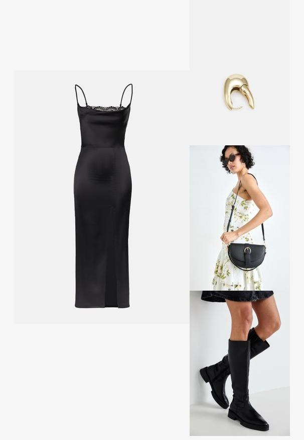 Svart satin klänning med spagettiband, spetsdetalj vid halsringningen, figurnära silhuett och en sidoklyvning för bekväm rörelse.; Svarta läderknähöga stövlar med spetsig tå, platt sula och minimal söm. Slät yta och enkel design utan prydnader.; Svart läderhandväska med en böjd form, avtagbar rem och guldiga detaljer. Väskan har ett lock med en spänndetalj.; Örhänge i guldtonad metall med en elegant, böjd design. Har en distinkt spetsig form, polerad yta och gångjärnslås.