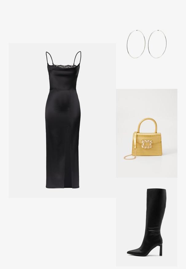Sort satin kjole med spaghetti-stropper, blondekant ved udskæringen, tætsiddende silhuet og en sideslids for let bevægelse.; Even&Odd Høje støvler/ Støvler - black; Gul faux-krokodille skuldertaske med struktureret design, top-håndtag, aftagelig kædetraske og dekorativ krystaldekoration på låsen.; Sølvøreringe med en glat, rund design og en poleret overflade. De er tynde og lette, og har en simpel lås.