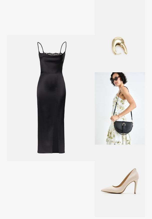 Zwarte satijnen jurk met spaghettibandjes, kantafwerking bij de halslijn, aansluitende Silhouette en een zijsplit voor gemakkelijke beweging.; Beige hoge hakken, puntige neus, glanzend lederen afwerking, slanke stiletto-hak, minimalistisch ontwerp met een subtiele achterkant.; Zwarte leren handtas met een gebogen vorm, afneembare schouderband en gouden hardware. De tas heeft een klep met een gespsluiting.; Gouden metalen oorbel met een slank, gebogen ontwerp. Beschikt over een kenmerkende puntige vorm, gepolijste oppervlakte en scharnier sluiting.