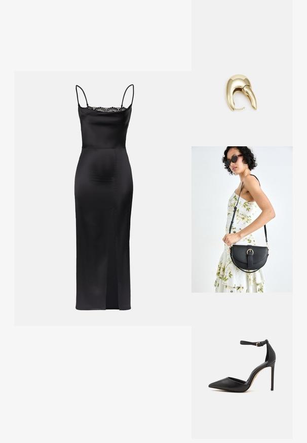Black satin dress with spaghetti straps, lace trim at neckline, form-fitting silhouette, and a side slit for ease of movement.; Black leather high-heeled pump with pointed toe and ankle strap. Features a stiletto heel and a smooth texture. Simple design with gold hardware.; Black leather handbag with a curved shape, detachable strap, and gold hardware. The bag features a flap with a buckle detail.; Gold-tone metal earring with a sleek, curved design. Features a distinctive pointed shape, polished surface, and hinge closure.