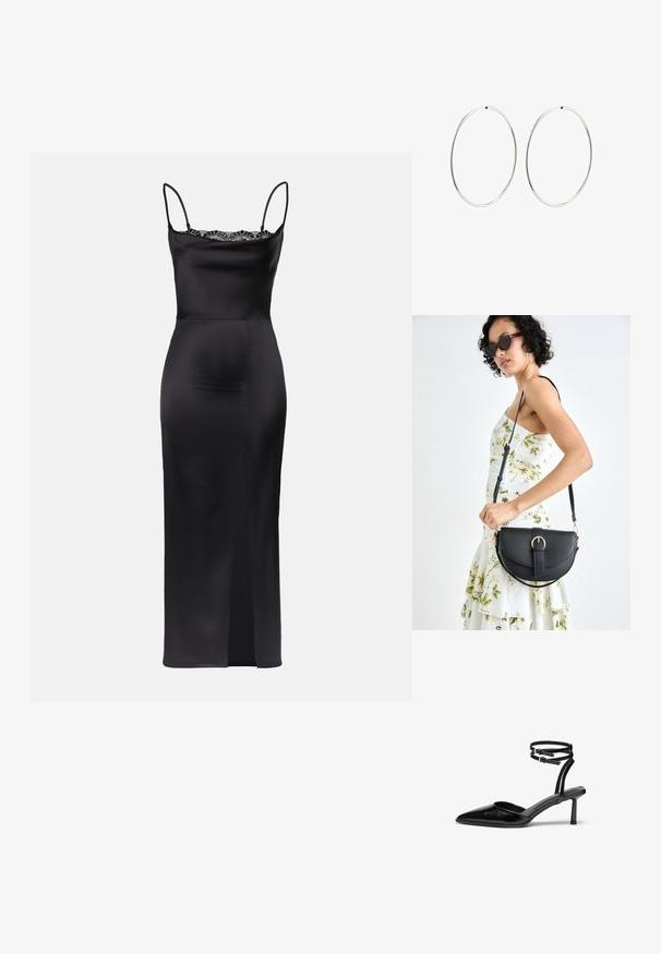 Robe satin noir avec bretelles spaghetti, bordure en dentelle au niveau du col, silhouette ajustée et fente latérale pour faciliter le mouvement.; Chaussure à talon haut en cuir noir avec un bout pointu et une bride de cheville. Présente un design épuré et un talon fin de 5 cm. Texture lisse.; Sac à main en cuir noir avec une forme courbée, bandoulière amovible et des accessoires en or. Le sac est doté d'un rabat avec un détail de boucle.; Boucles d'oreilles en argent avec un design lisse et rond, et une finition polie. Elles sont fines et légères, avec un fermoir simple.