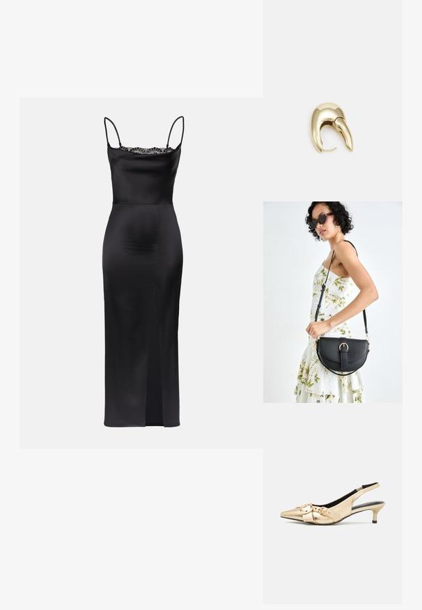 Black satin dress with spaghetti straps, lace trim at neckline, form-fitting silhouette, and a side slit for ease of movement.; Gold leather slingback heels with pointed toe, small kitten heel, and two buckle accents on the vamp. Smooth texture, sleek design.; Black leather handbag with a curved shape, detachable strap, and gold hardware. The bag features a flap with a buckle detail.; Gold-tone metal earring with a sleek, curved design. Features a distinctive pointed shape, polished surface, and hinge closure.