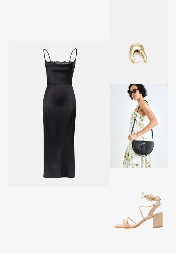 Mustmust mustriga kleit, millel on spageti triibud, pitsviidid krael, keha külge liibuv siluett ja külgauk, et liikumine oleks mugavam.; Bež sametist kõrge kontsaga sandaal, millel on plokkkonts, avatud varvas ja ristatud rihmad, mis keerduvad ümber pahkluude. Sile tekstuur, minimaalne disain.; Mustmust mustraha kõverate joontega, eemaldatava rihmaga ja kuldsete detailidega. Kotil on klapp, millel on pandladetail.; Kuldtooni metallist kõrvarõngas, millel on elegantne ja kaarjas disain. Omab silmapaistvat teravat kuju, poleeritud pinda ja hingesulgemist.